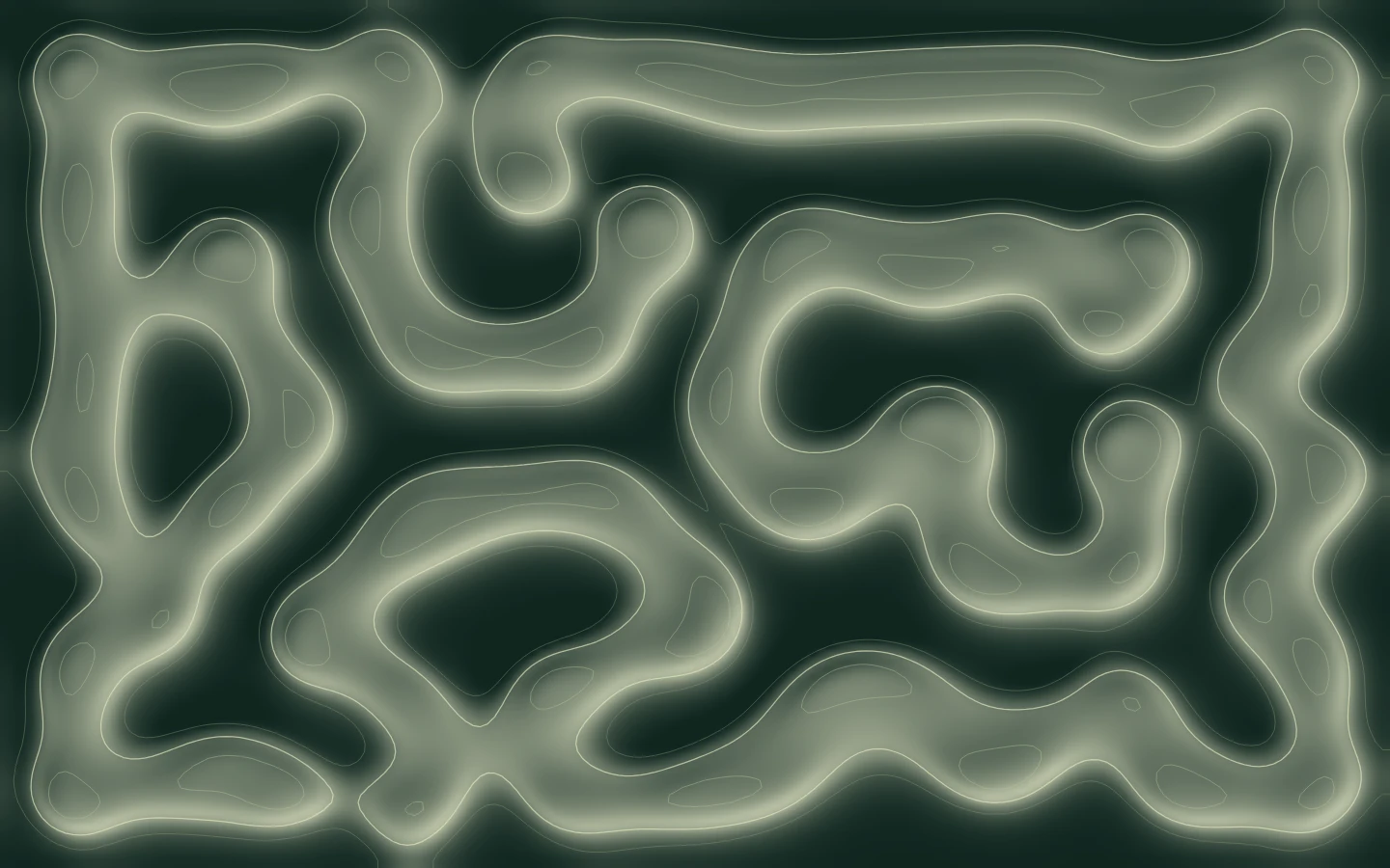 A deep-green field of connected, ivory-edged membranes, generated by reaction and diffusion.