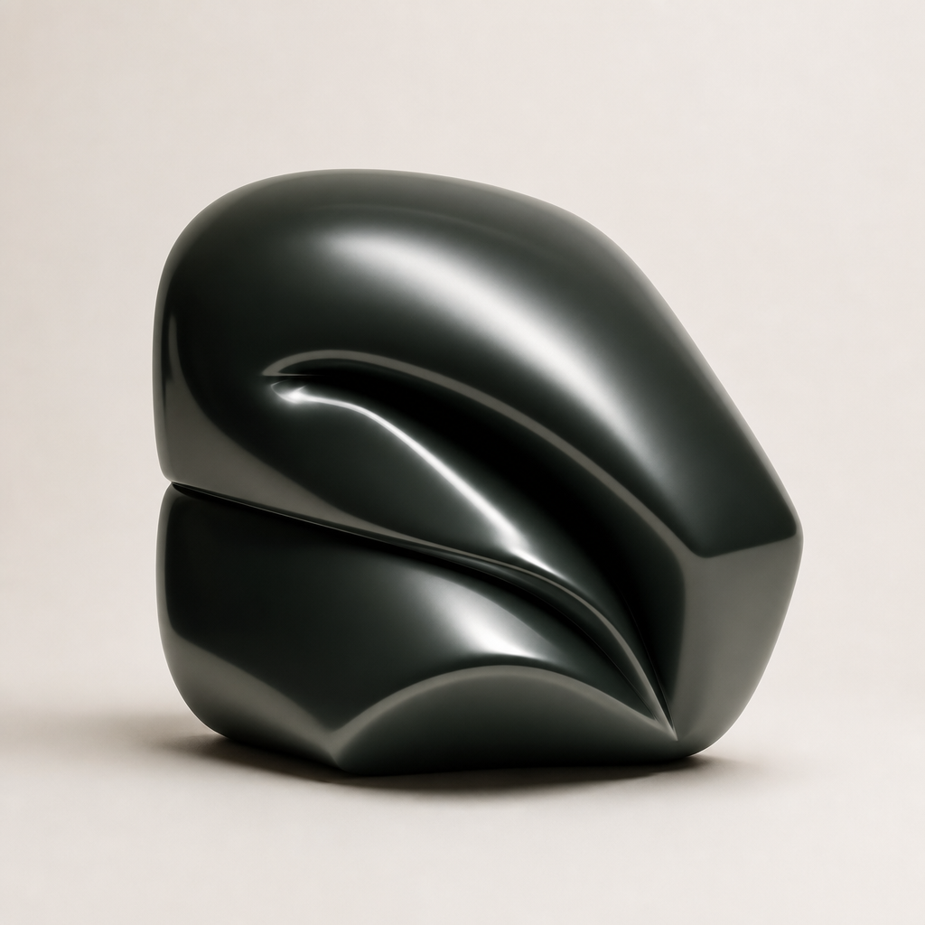 Four graphite-green components joined into one sculptural assembly.