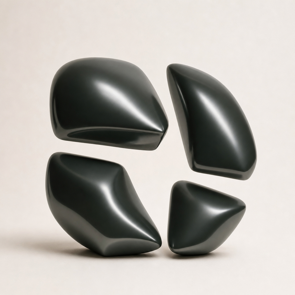 Four complementary graphite-green forms aligning around a shared centre.