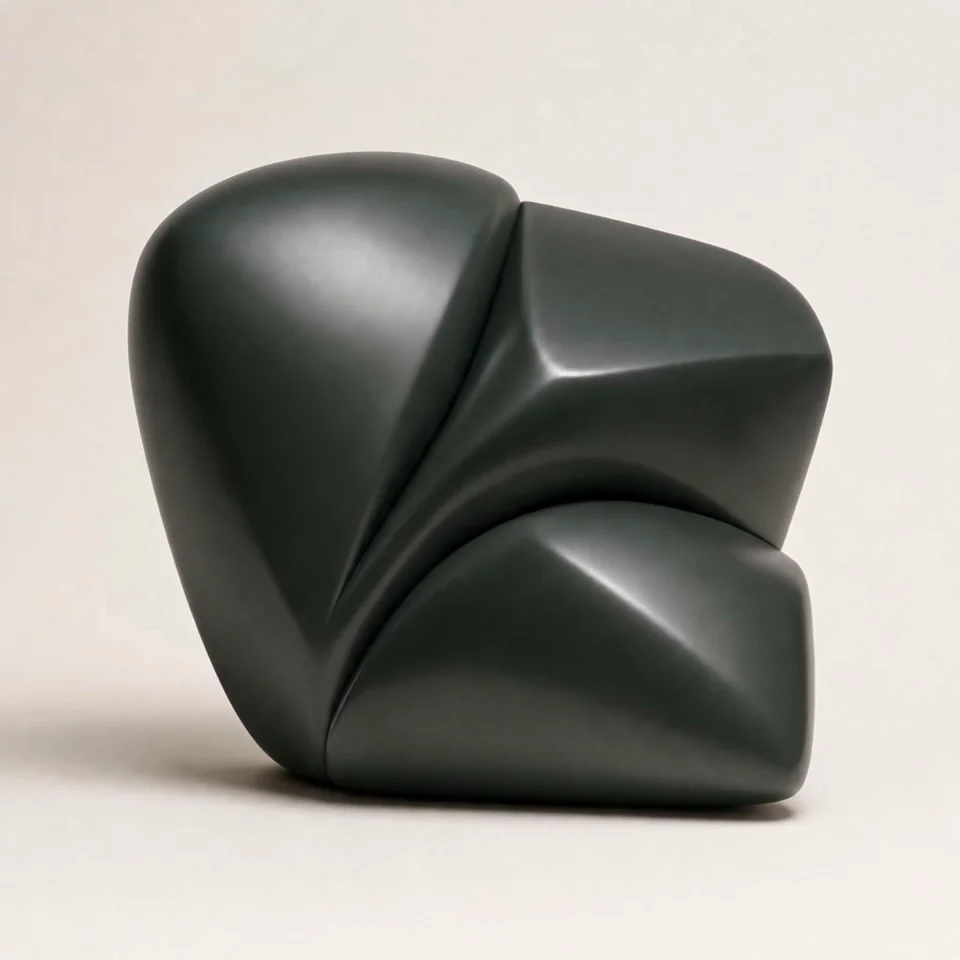 Graphite-green sculptural masses forming a compact interlocking solid.